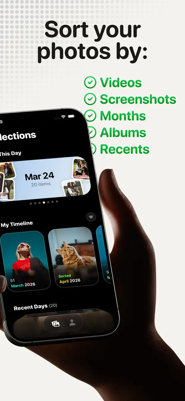 KeepYeet filters for videos, screenshots, months, albums, and recent photos